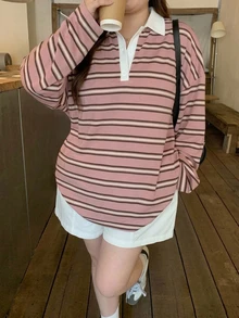 Dazy Plus Korean Style Loose Cute Striped T-Shirt - Pink - View 6