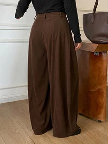 Dazy Plus Solid Color Corduroy Belt Curved Leg Casual Vacation Autumn/Winter Long Pants - Brown - View 2