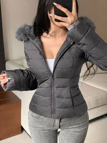 DAZY 女款休閒修身填充外套，毛領拼接設計，秋冬款 - 灰色 - 查看 8
