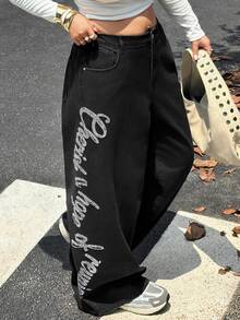 Dazy Plus Plus Size Women's Letter Rhinestone Korean Style Loose Long Denim Jeans - Black - View 5