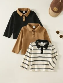 SHEIN 男嬰秋冬棕色與黑色條紋柔軟圓領長袖套頭上衣 3件套，百搭舒適，適合假期聖誕節 - 彩色 - 查看 3