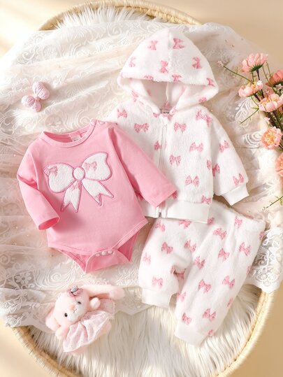 SHEIN 3 pezzi Giacca, tuta e pantaloni per neonata, rosa e bianco, carini e dolci, con stampa di fiocchi, maniche lunghe, cappuccio, spessi, con cerniera, per feste di compleanno, inverno, autunno e vacanze