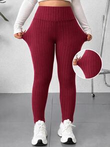 SHEIN EZwear 大尺碼休閒百搭高腰黑色緊身褲，夏季穿搭，女性沙灘穿搭，夏季度假穿搭，度假穿搭 - 酒紅色 - 查看 1