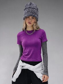 COUREZ 雙層長袖運動上衣 / Y2K風格長袖上衣 / 外出上衣 / 女款上衣 / 冬季女裝 / 女款性感可愛上衣 - 紫色 - 查看 8