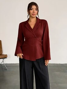 Firerie 大尺碼女款純色百褶休閒通勤教師節西裝外套 優雅辦公正式商務工作套裝 秋季外出穿搭 酒紅色 - 酒紅色 - 查看 7