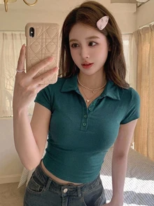 DAZY 女款領口短袖修身內搭性感休閒套頭街頭風T恤 - 綠色 - 查看 8