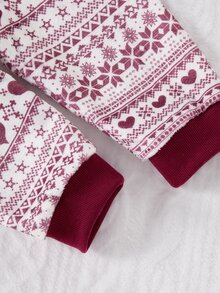 SHEIN Playful Pals 聖誕秋冬保暖內裡加厚幼兒女童可愛熊刺繡深粉色上衣與紫色印花長褲毛絨睡衣套裝 - 紫色 - 查看 4