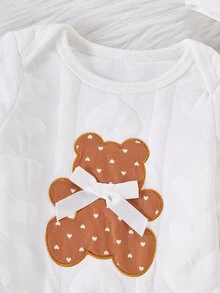 SHEIN 2件組 秋冬新生兒白色簡約時尚可愛熊圖案刺繡3D蝴蝶結長袖連身衣與帽子套裝居家穿著 - 卡其色 - 查看 6