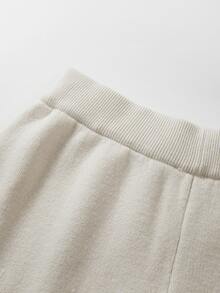 SHEIN Autumn Winter Simple Matching Knit Outfit, Half Zip High Neck Vertical Rib Slim Long Sleeve Pullover - Apricot - View 5