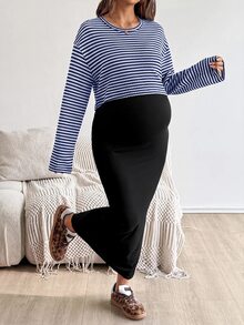 SHEIN 2件套：羅根袖條紋上衣與純色修身孕婦套裝，適合秋季 - 藏蓝色 - 查看 4