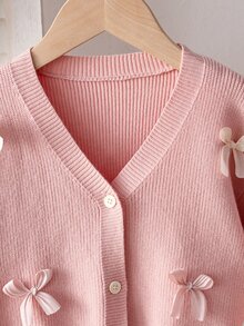 SHEIN Vintaside Kids 4-7歲女童撞色3D蝴蝶結V領羅紋針織開襟衫，小女孩春秋校園戶外百搭寬鬆長袖針織外套 - 粉色 - 查看 3