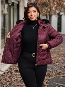 Reflora Plus Size Winter Zipper Pocket Long Sleeve Hooded Padded Coat - Burgundy - View 7
