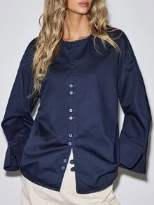 ATUI Studio Áo sơ mi denim tay dài cài nút phong cách đường phố thời trang nữ - Rửa tối - Xem 1