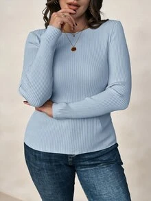 Reflora 大尺碼女款淺杏色圓領長袖基礎款針織衫，秋冬疊穿秋季 - 藍色 - 查看 6