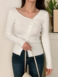 DAZY 女款素色不對稱肩休閒日常長袖開襟衫 - 白色 - 查看 6