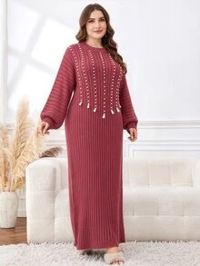 Lacomfia Plus Size Women's Faux Pearl Decor Patchwork Tassel Design Round Neck Long Sleeve Elegant Knit Dress - Red Violet - View 6