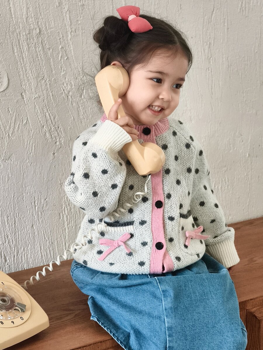 DAZY Infant (Girl) Round Neck Polka Dot Autumn/Winter Long Sleeve Cardigan - Apricot - View 1