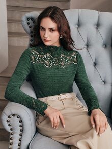 Anewsta Dark Green Lace Beaded Patchwork Knit Fitted Long Sleeve Women's T-Shirt - Dark Green - View 6