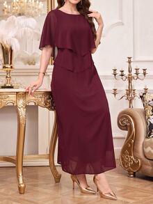 Amorya Women's Elegant Solid Color Round Neck Pullover Cape Sleeve Long Dress - Burgundy - View 6