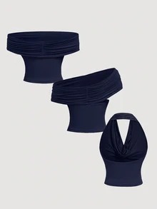 SHEIN MOD 女款三種穿法休閒純色修身上衣，夏季適用，垂領上衣、露肩上衣，美學風格，適合音樂節、鄉村風穿搭、海灘度假、茶會、端莊風格、舞會上衣，可愛上衣 - 酒紅色 - 查看 5