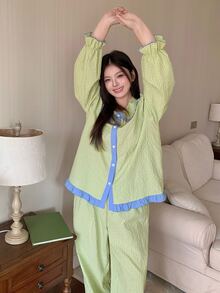 Dazy Plus Cute Plaid Peter Pan Collar Top & Pants 2-Piece Set Green Pajama Loungewear - Mint Green - View 5