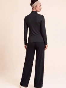 SHEIN With My Calm Women's Middle Eastern Style Black Long Sleeve Sports Top - Black - View 2