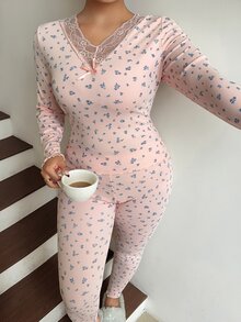 Dazy Plus 2pcs/Set Elegant Pink Ditsy Floral Long Pants Loungewear Pajama Set - Pink - View 6