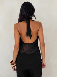 Aloruh Women's Elegant Sexy Commute Brunch Night Out Sleeveless Burgundy Chiffon Blouse With Ruffle Trim, Work Tops, Office Attire, Social Blouse, Summer - Black - View 2