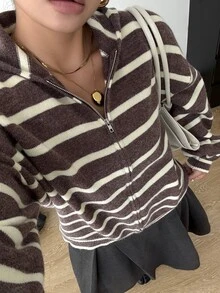 POPSWAY Plus Size Women's Striped Zip-Up Hooded Cardigan Sweater, Autumn/Winter - Brown - View 5