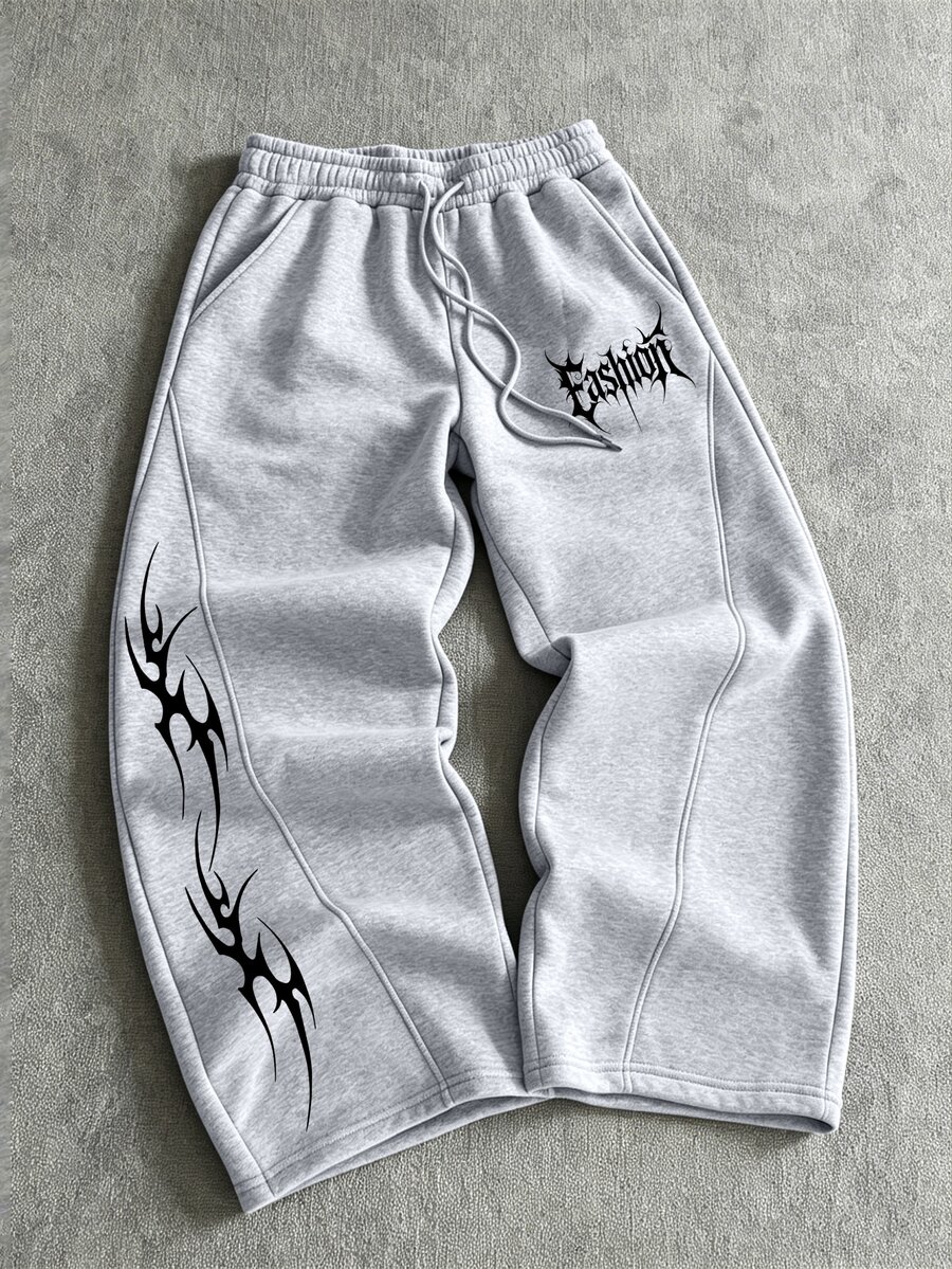 Manfinity EMRG Men's Drawstring Waist Letter Pattern Casual Daily Wear Sweatpants - Grey - View 1