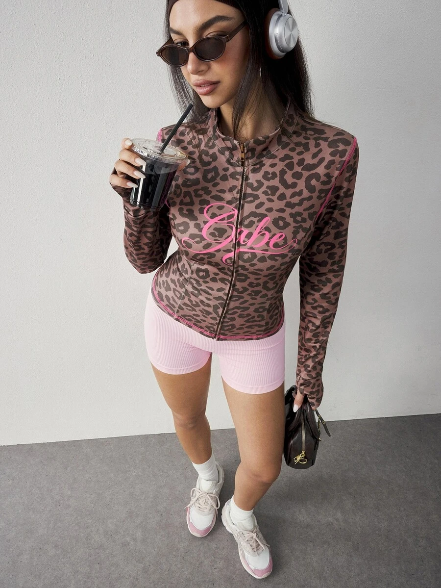 Slayform Jaket Lengan Panjang Wanita Motif Leopard dengan Huruf untuk Lari Musim Gugur, Olahraga Luar Ruangan, dan Pusat Kebugaran