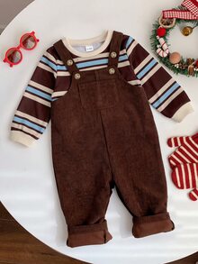LMoss Kids Baby Boy Striped Sweatshirt + Vintage Brown Corduroy Overalls Set - Multicolor - View 4