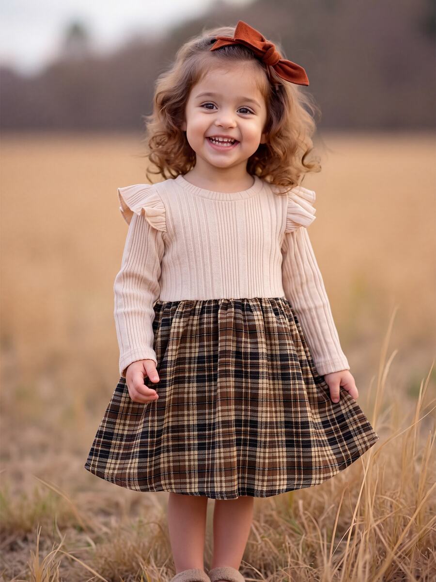 SHEIN Baby Girl Patchwork Plaid Hem Round Neck Long Sleeve Cute Dress - Khaki - View 1