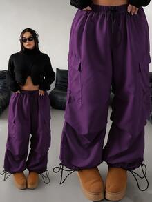 POPSWAY Plus Size Casual Loose Drawstring Cargo Pants - Purple - View 1