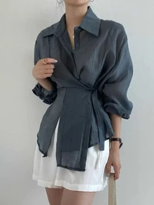 DAZY Kemeja Lengan Panjang Kancing Depan Kasual Semi-Transparan Wanita - Dusty Blue - View 4