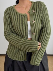 POPSWAY Cardigan Sweater Lengan Panjang Wanita Ukuran Plus Kasual Warna Hijau Bergaris Asimetris Kancing Tunggal - Hijau - View 4