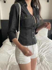 DAZY Women's Collared Washed Casual Denim Top, Korean Style - Grey - View 7