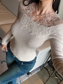 DAZY Women's Lace Patchwork Casual Daily Long Sleeve Sweater - Khaki - View 6