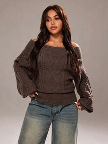 Rustia Plus Size Solid Color Off-Shoulder Sweater Pullover Top, Autumn/Winter - Rust Brown - View 1