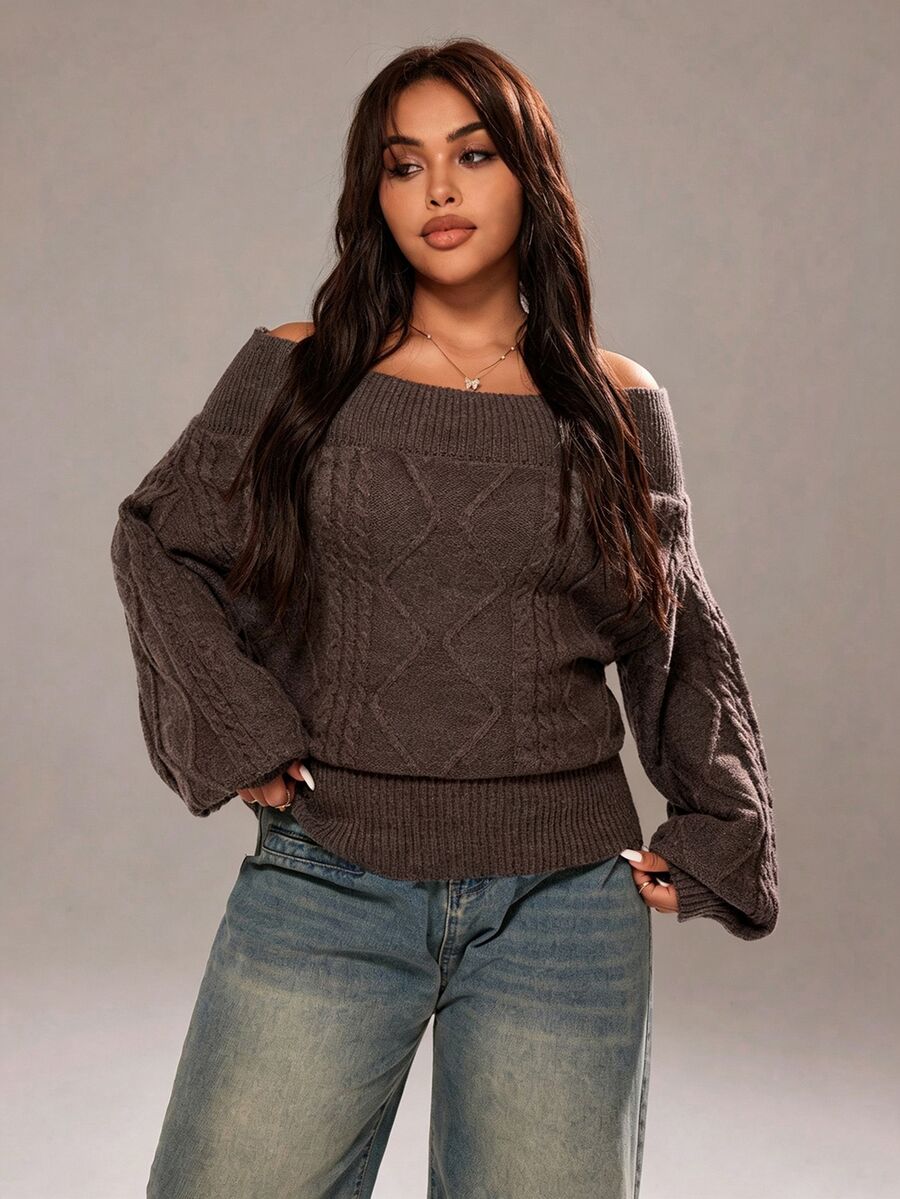 Rustia Plus Size Solid Color Off-Shoulder Sweater Pullover Top, Autumn/Winter - Rust Brown - View 1