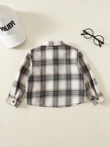 SHEIN Baby Boy Plaid Pattern Turndown Collar Long Sleeve Button-Up Shirt - Brown - View 2