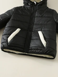 SHEIN 男嬰秋冬黑色保暖內裡加厚連帽長袖棉襖外套，百搭舒適，適合作為兒童聖誕禮物，完美適用於外出與節日穿著 - 黑色 - 查看 6