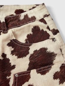 ROMWE Street Life Women's Sexy Cow Print Button Pocket Denim Shorts - Multicolor - View 4