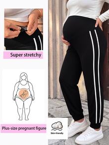 SHEIN Black Cuffed Knit Maternity Pants With White Striped Patchwork, Casual Daily Spring/Autumn Comfortable Plus Size Trousers - Black - View 6