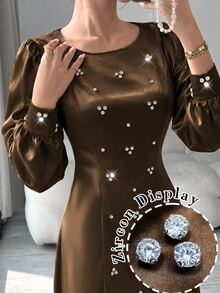 Yasmyna Women Spring Fall Winter Elegant Slim Fit Modest Dark Brown Satin Round Neck Beaded Rhinestone Long Sleeve Fitted Waist Flowy MaxiDressForBanquetParty - Coffee Brown - View 10