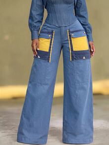 Slaydiva Women's Button Loose Fit Cargo Denim Wide Leg Pants - Blue - View 5