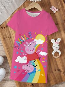 Peppa Pig X SHEIN Đầm tay ngắn cổ tròn in họa tiết hoạt hình cho bé gái - trắng - Xem 1