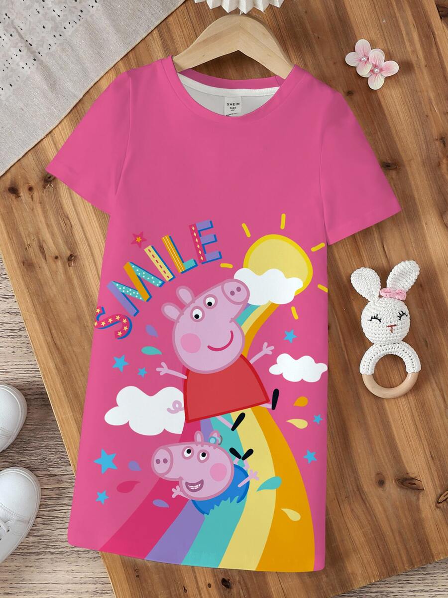 Peppa Pig X SHEIN Đầm tay ngắn cổ tròn in họa tiết hoạt hình cho bé gái - trắng - Xem 1