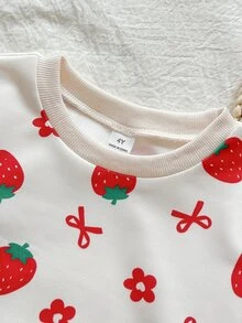 SHEIN 2件組少女運動衫長褲套裝，可愛甜美紅白草莓蝴蝶結花朵印花，長袖圓領，適合生日派對、秋季、聖誕、慢跑 - 紅色 - 查看 4