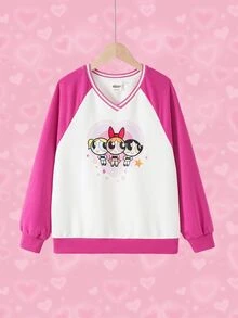 THE POWERPUFF GIRLS X SHEIN بلوزة رياضية كاجوال يومية بأكمام طويلة بنقشة كرتونية للفتيات المراهقات - أبيض - مشاهدة 3